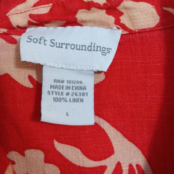 Soft Surroundings Linen Tunic Red Tan Floral Button Up Collared Shirt Womens L - Picture 4 of 9